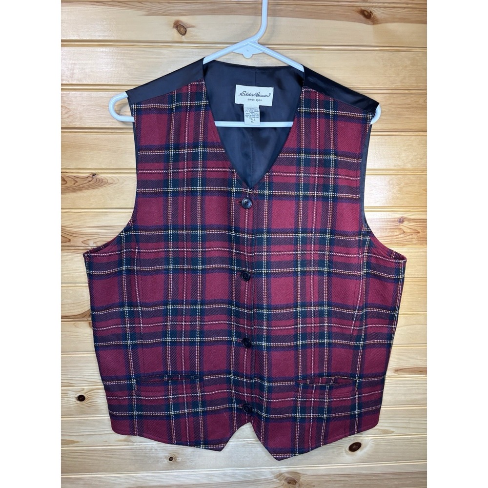 Vintage Eddie Bauer Women's Button Front Wool Blend Vest Red Plaid XL Tall - Picture 5 of 5